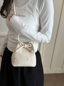 Solid Color Mini Straw Woven Foldable Drawstring Shoulder Bag (Flower Position And Color Randomly Vary) - Beige - View 4