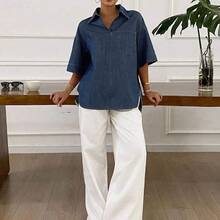 xuehuamaoyi02  Blusa de mezclilla suelta y casual de color natural para mujer, nueva llegada para otoño y verano - Blanco - Ver 6