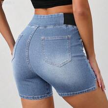 xuehuamaoyi02  Tall Pantalones cortos de mezclilla elásticos y ajustados de estilo casual para mujer, color azul - Negro01 - Ver 3