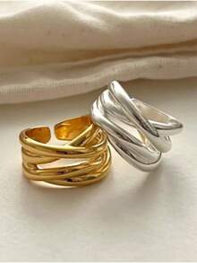 Gold Plated Twisted Intertwined Open Cuff Ring, Minimalist Irregular Layered Band Adjustable Statement Ring For Women Daily Jewelry - Silver - View 2