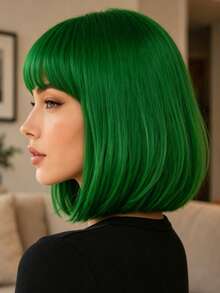 Green 12 Inch Bangs Wig, High Temperature Resistant Synthetic, High Density Comfortable Breathable, Lively Styling, Suitable For All Women Daily Commute And Party Styling - Green - View 3