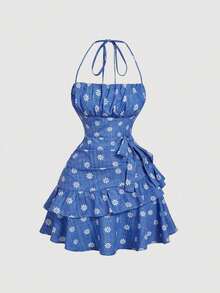 MOD Vestido mini halter con volantes de estampado de cuadros y flores diminutas, atuendo de vacaciones para mujer, atuendo de playa para mujer, vestido floral para mujer - Azul y blanco - Ver 1