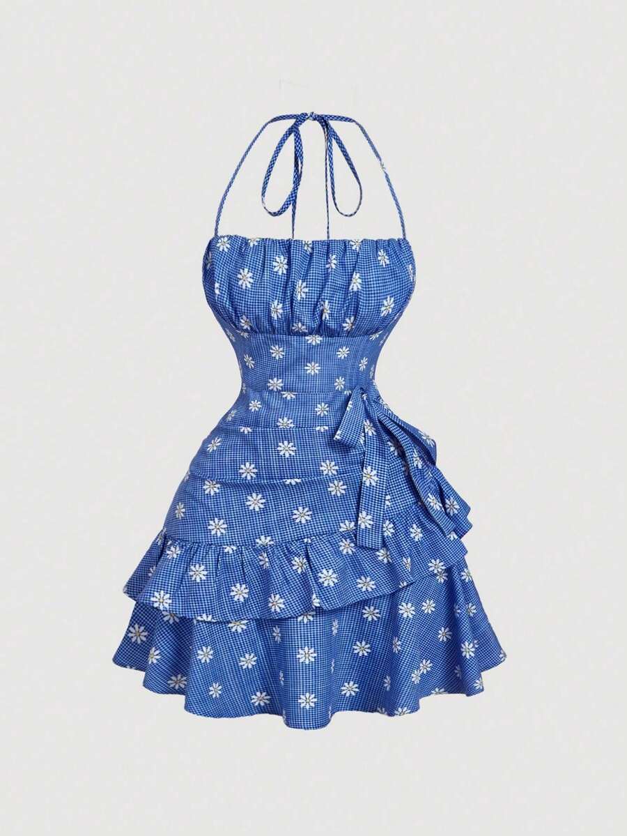 MOD Vestido mini halter con volantes de estampado de cuadros y flores diminutas, atuendo de vacaciones para mujer, atuendo de playa para mujer, vestido floral para mujer - Azul y blanco - Ver 1