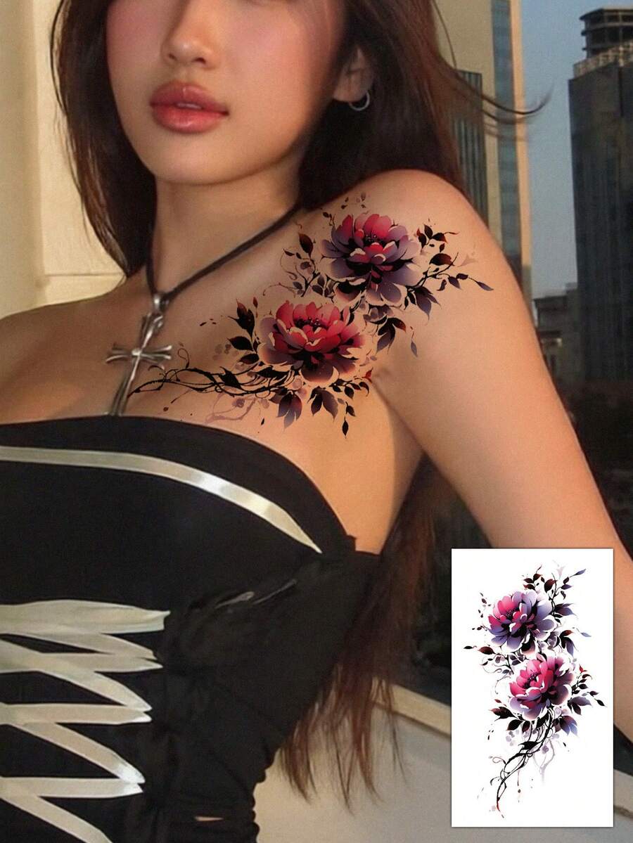 1片 Y2K風格彩色玫瑰葉片圖案臨時紋身貼紙,防水防汗、可水洗、無反光,模擬紋身效果,適用於手臂、腿部、肩膀、胸部,適合時尚人士,可維持3至5天 - 黑色 - 查看 1