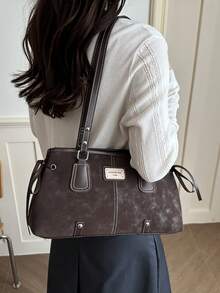 Fashionable Retro Solid Color PU Leather Fabric Large Capacity Versatile Women's Shoulder Bag - Coffee - View 2