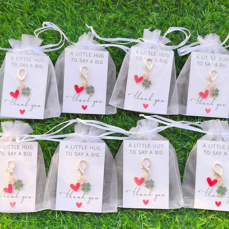 60pcs Keychain Set - Gold Water Drop Heart, Four-Leaf Clover Charms, Bag And Car Key Accessories, Business Gift Pack (20 Keychains + 20 Cards + 20 Sandbags) Suitable For Birthday, Valentine's Day, St. Patrick's Day, Thanksgiving Gifts