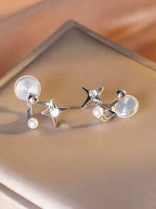 1 Pair Fashionable New Zirconia Small Star & Faux Pearl Clip-On Earrings For Women, No Piercing Required, Elegant Elegant Ear Jewelry, Suitable For Daily Wear And Holiday Gifts - Ear Clip - View 12