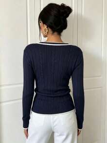 Women's Contrast Color Ribbed Ribbed Long Sleeve V-Neck Pullover Sweater, Suitable For Autumn/Winter Wear, Casual Daily Outings And Gatherings Fall - Royal Blue - View 3