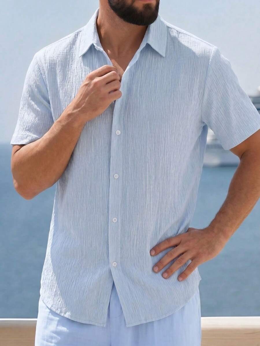 Men's Solid Color Short Sleeve Front Button Casual Shirt, Textured Fabric, Suitable For Leisure, Daily Wear, Holiday Gift - Baby Blue - View 1