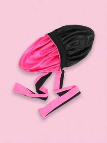 Double Layer Colorblock Satin Sleep Cap Wig Cap - Elastic Fabric Long Strap Hat In Black and Rose Red - View 9