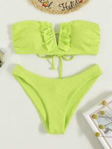 Fluorescent Green Wavy Pattern Strapless Two Pieces Bikini, V-Neck Ruffle High-Waist Swimsuit, Sexy Beach Vacation Summer Swimwear - Lime Green - View 3