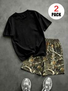 2pcs/Set Boys' Outfit, NEW YORK Theme Graphic Loose Top + All-Over Dried Leaf Print Shorts, Comfortable And Soft, Suitable For Summer And Sports - Multicolor - View 3