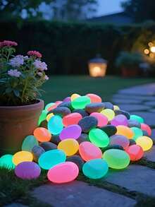 Large Illuminated Flat Stones, Multicolor Glow Stones, Luminous Pebbles, Suitable For Garden, Pathway, Yard, Outdoor Decor, Landscape, Christmas Party DIY, Aquarium, Fish Tank, Indoor And Outdoor Use - Multicolor - View 2