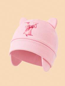 1PC Newborn Pink Cat Ear Beanie, Bowknot A-Z Letter Print Ear Protector Baby Hat, Soft Breathable Hospital Cap, Suitable For Baby Daily Rest And Sleep - Pink - View 13