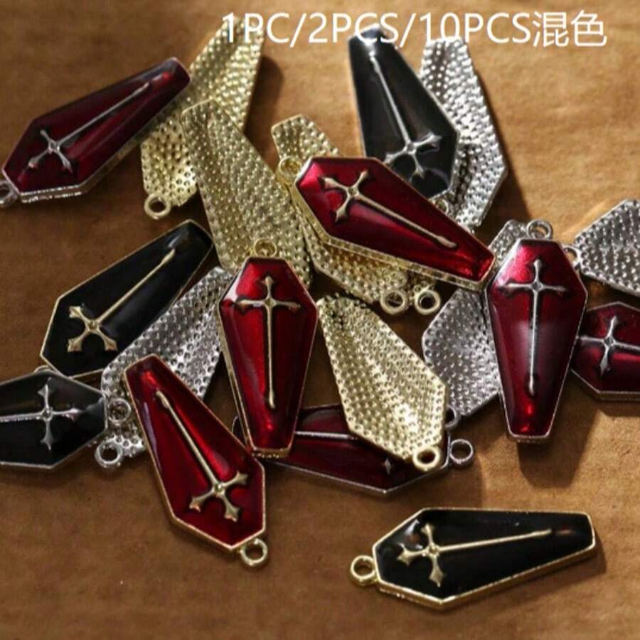 1個/2個/10個 混色復古哥德式棺材十字架水鑽琺瑯鋅合金滴油吊墜 DIY珠寶飾品耳環鑰匙圈項鍊手機包掛飾萬聖節珠寶禮物 - 棺材十字吊墜 - 查看 1