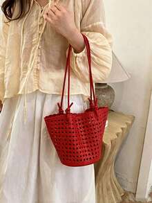 New Plaid Woven Bucket Bag, Fashionable Versatile Handheld Shoulder Bag, Commuter Essential, Work To Weekend - Multicolor - View 3