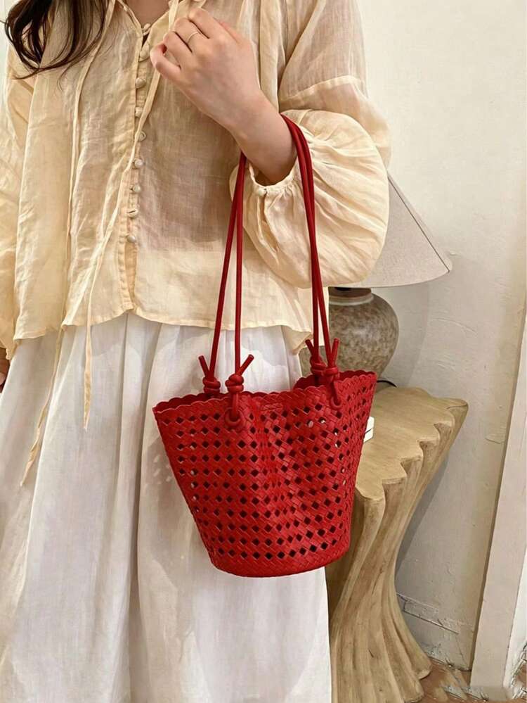 New Plaid Woven Bucket Bag, Fashionable Versatile Handheld Shoulder Bag, Commuter Essential, Work To Weekend - Multicolor - View 2