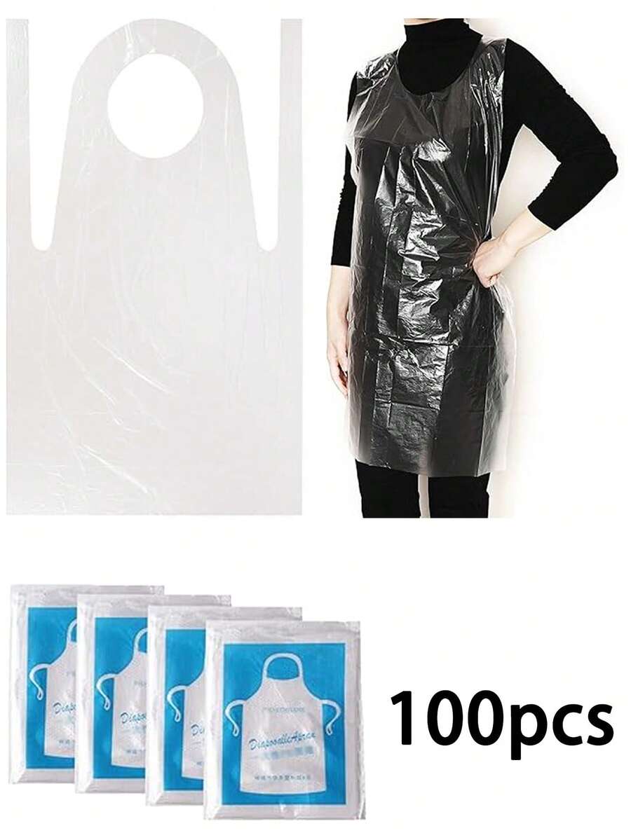 100pcs Disposable Aprons, Waterproof Plastic Aprons, Suitable For Painting, Cooking, Housework And Picnic - Individually Packaged - Multicolor - View 1