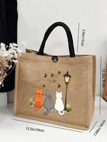 Large Capacity Women's Fashion Handbag, Cat Back Print Tote Bag, Supermarket Shopping Travel Storage Bag, Simple And Fashionable, Linen Handbag, Back To School Storage, Outdoor Travel Storage, Suitable For Girls, College Students, White-Collar Workers, Suitable As Birthday Gift, Teacher's Day Gift, Graduation Gift, Back To School Gift, Holiday Souvenir, Wedding Accessory - Multicolor - View 11