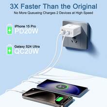 2A2C USB-C 快充插頭，40W 美規標準 4 埠 USB-C 快充插頭 (2A2C) 壁式充電器，支援雙 PD+QC，適用於手機/平板電腦。適合居家與辦公室使用，支援多用戶充電，滿足多用戶與多裝置需求。多埠快充手機充電器。 - 查看 4