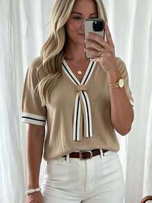 Plus Size Tie Front V-Neck Short Sleeve Sweater - Contrast Binding Striped Summer Knit Top - Casual Solid Fine Knit Pullover For Women - Khaki - View 2