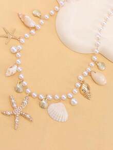 1pc Fashion ZA Pendant Necklace, Vintage Bohemian Beach Style, Starfish, Shell, Turtle And Multi-Pendant Design, Layered Collarbone Chain, Party/Holiday Gift, Versatile Accessory - Multicolor - View 5