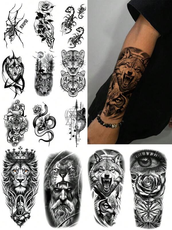13piezas/Set Pegatinas de Tatuaje Temporal Impermeable Negro para Hombres, Diseños de Tótem Animal con León, Tigre, Cabeza de Lobo, Escorpión, Águila, Conjunto Combinado Grande & Pequeño, Tatuaje Falso de Medio Brazo, Fácil de Aplicar y Retirar, Cubre Cicatrices, Adecuado para Festivales, Fiestas, Actuaciones y Uso Diario