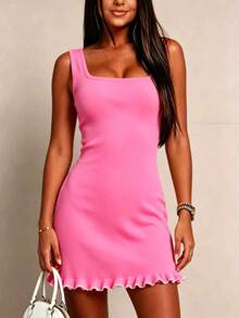 Summer Casual Lemon Yellow Ribbed Knit Fitted Mini Dress, Ruffle Hem, Elegant Women's Sleeveless Square Neck A-Line Dress, Suitable For Party, Vacation - Hot Pink - View 2