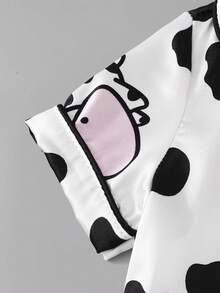 Faux Silk Fabric Cool Silky Cute Cow Print Short Sleeve Long Pants Set - White - View 6