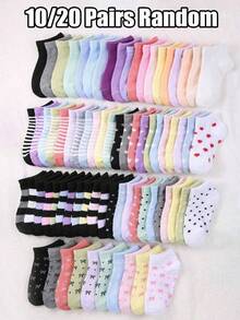 10/20 pares de calcetines con volantes y lazos de colores aleatorios, calcetines con lazos, calcetines para estudiantes de regreso a la escuela, calcetines simples, casuales y cómodos - Multicolor - Ver 1