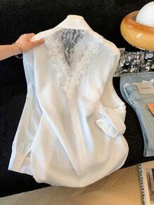 Women's Lace Blouse New Summer Outerwear Top French Style Unique Beautiful Gorgeous Shirt White - White - View 3