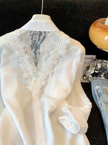 Women's Lace Blouse New Summer Outerwear Top French Style Unique Beautiful Gorgeous Shirt White - White - View 5