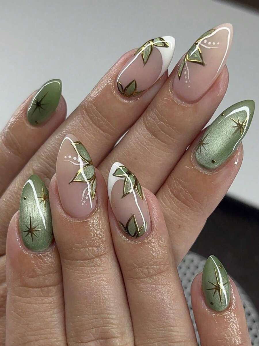 24pcs Short Almond Acrylic Press-On Nails With Cat Eye Starburst Bamboo Leaf French Design, Includes Jelly Glue And Nail File, Suitable For Parties, Events, Daily Wear. For Women And Girls. Includes Nail Art Tools. Shapeable Nail Art Set - Multicolor - View 1