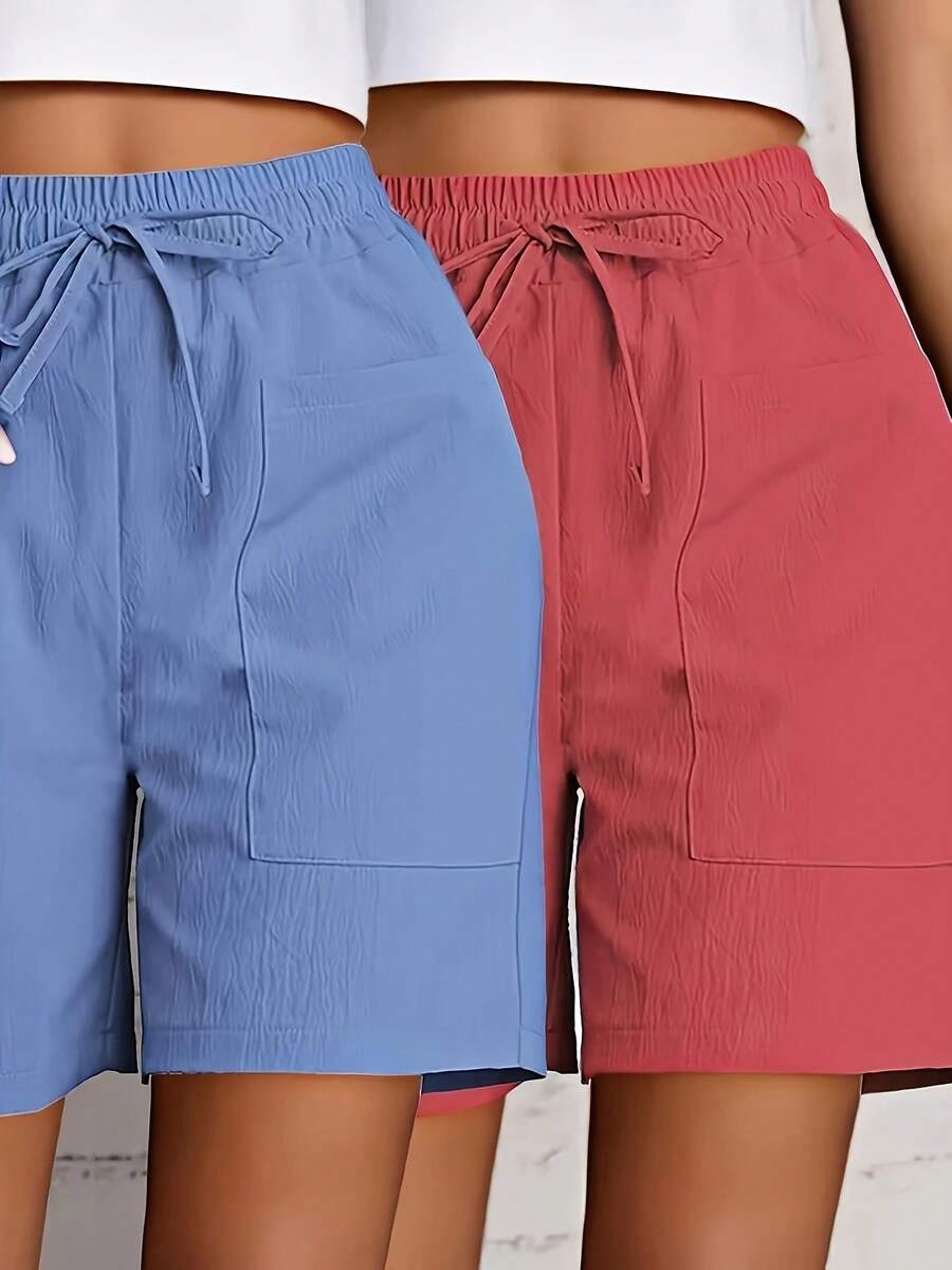 New 2026 Model: [Drawstring Shorts] 2-Piece Women's Casual Shorts Set With Drawstring And Pockets In Solid Color - Blue+Orange - View 1