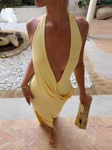 Vestido largo sexy para mujer con escote profundo en V, espalda descubierta, cordones y abertura, de color liso, elegante y ajustado, con cuello halter, para fiesta, vacaciones, gala nocturna, boda y otoño - Amarillo claro - Ver 6