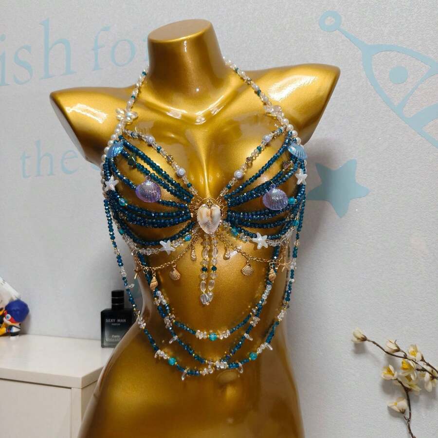 Cadena de pecho con cuentas de perlas, cadena corporal estilo chaleco halter hecha a mano, adecuada para uso en exteriores. - Azul - Ver 1