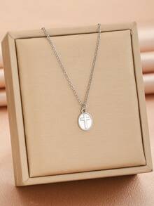 1 pièce Collier pendentif croix ovale vintage classique en acier inoxydable, bijoux religieux minimaliste couleur or et argent, cadeau significatif pour le jour de l'Ascension - Multicolore - View 7