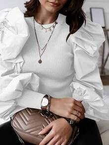 Nuevo modelo 2026:Camisas y suéteres con mangas abullonadas, cuello redondo acanalado y volantes. - Negro - Ver 8