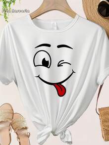 Playera Plus-Size con Estampado de 'Patrón de Sonrisa', Diseño Divertido en Manga Corta - Blanco - Ver 2