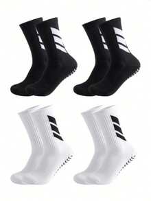 1/4/6 Pairs Men's Anti-Slip Silicone Grip Breathable Striped Mid-Calf Socks, Suitable For Football Training And Long-Distance Scenarios - Black and White - View 3