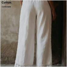 Pantalones casuales de algodón con bolsillo bordado para mujer - Blanco - Ver 3