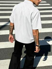 Men's Printed Street Style Striped Short Sleeve Shirt - White - View 4