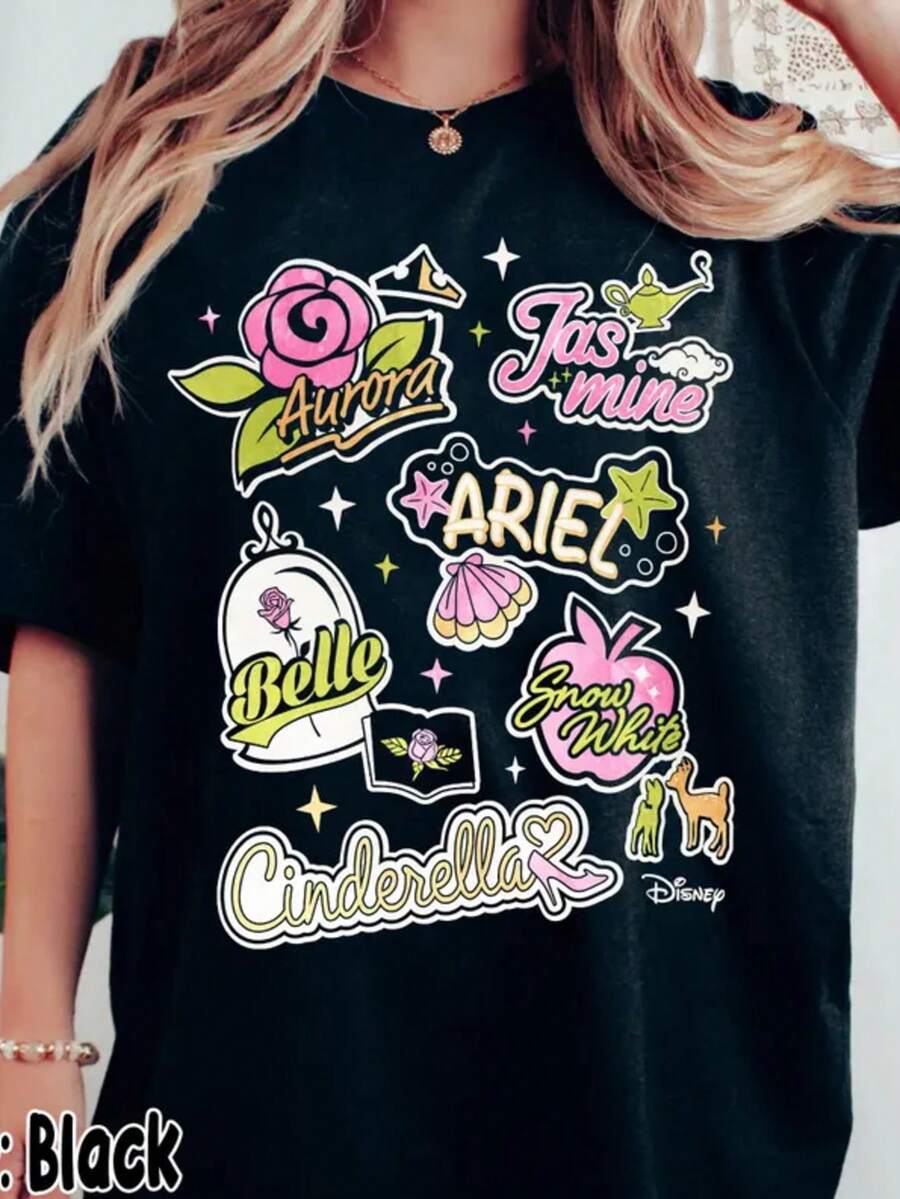 The Disney Princess Name Printed Pure Cotton T-Shirt For Women Is Suitable For Daily Wear And Also As A Gift - Black - View 1