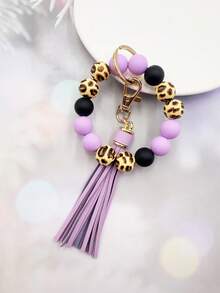 1pc Acrylic Bead Bracelet Tassel Keychain, Leopard Print Silicone Keychain, Beaded Bracelet Keychain, Leather Tassel, Wrist Keychain, Fashion Accessory, Portable Key Ring - 122-purple - View 6