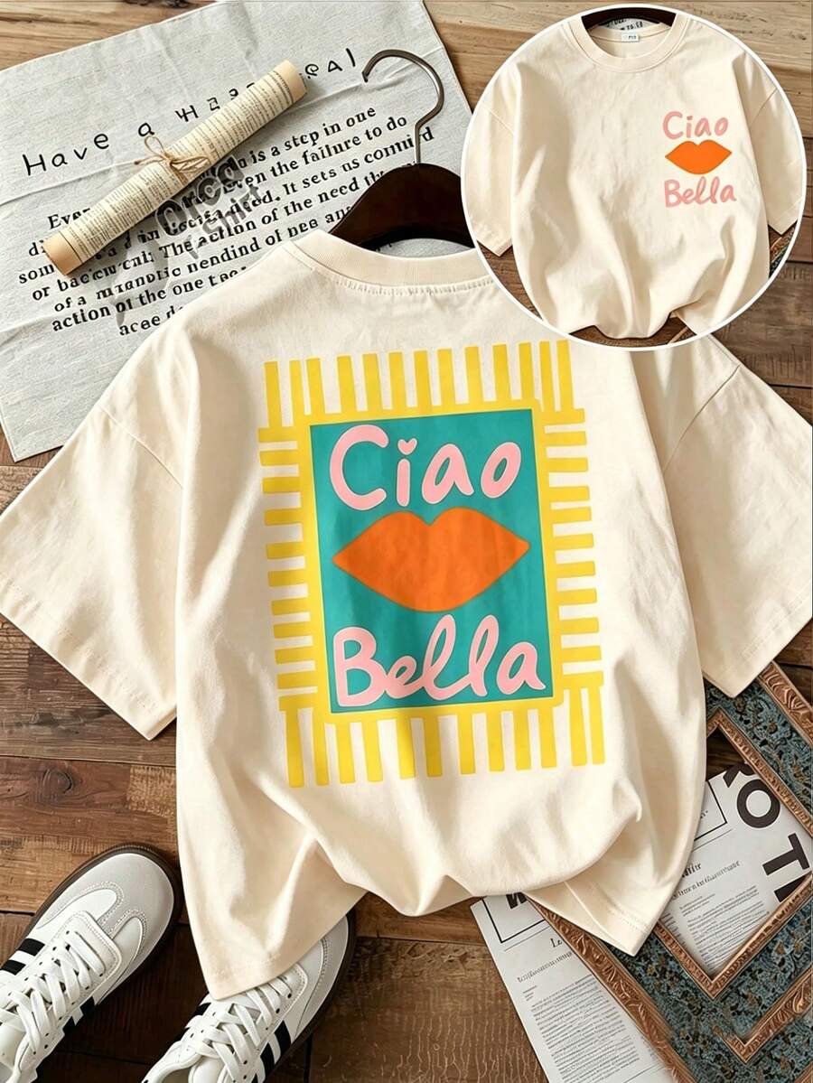 Elegant & Cute Women's Short Sleeve Ciao Bella Lip Print T-Shirt, Round Neck Cotton Blend Tee For Everyday Casual Wear - 杏色 - 查看 1