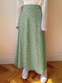 EARO Women's Spring/Summer Ditsy Floral High Waist A-Line Flowy Chiffon Skirt, Casual Outdoor Outfit Vacation - Light Green - View 3