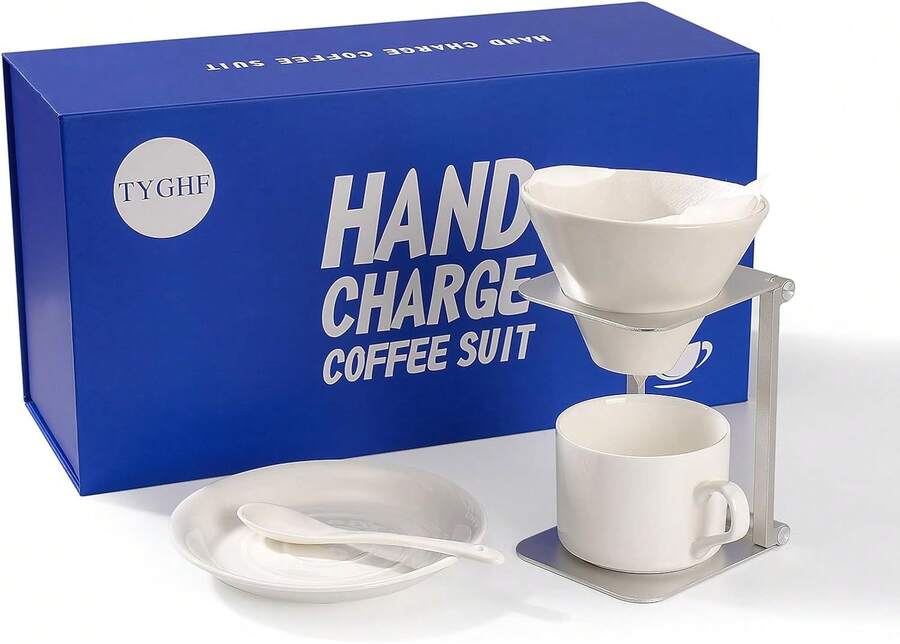 TYGHF 6-Piece Pour Over Coffee Maker Kit &Amp; Dripper Set With Foldable Stand, Cup, Spoon &Amp; Storage Bag - All-In-One Portable Coffee Brewing Kit For Camping, Home, Office - White - View 1