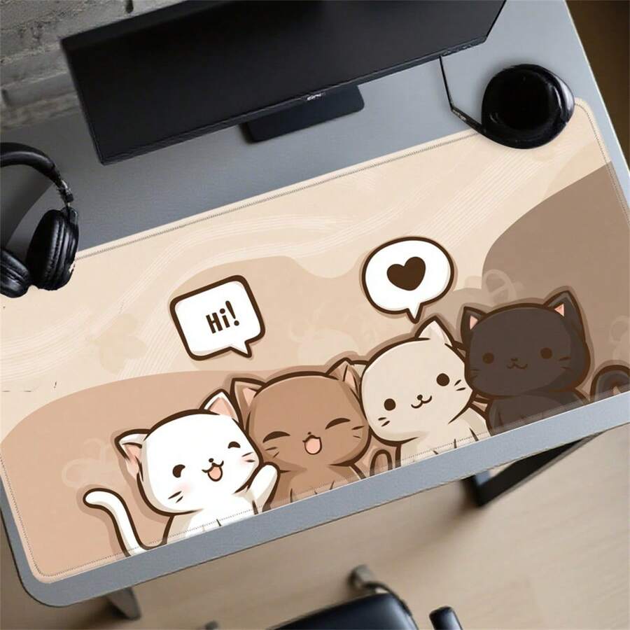 1pc Adorable Cat Group Extended Desk Mat - Neutral Brown Aesthetic, Anti-Slip & Stitched Edge, Keyboard Pad - View 1