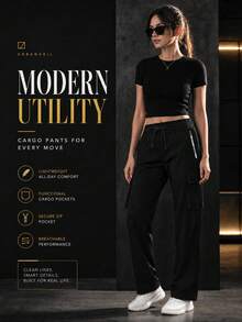 1pc Women's Outdoor Casual Sports Pants, Multi-Pocket Cargo Long Pants, Thin Casual Pants, Women's Straight Leg Cargo Pants, Zipper Pockets Black - Black - View 4