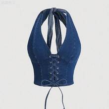 xuehuamaoyi02  MOD Top de denim con diseño de cordones de encaje con ojales y cuello halter sexy para mujer - Lavado ligero - Ver 2
